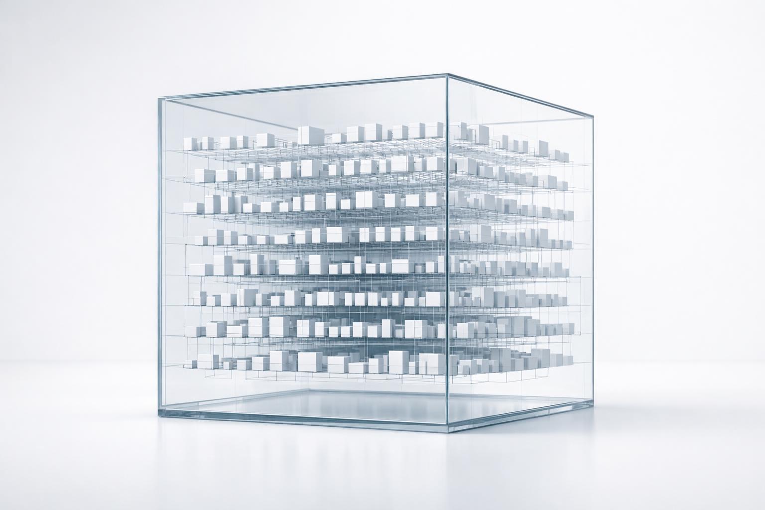 Centrally organised glass cube holding thousands of orderly packaging modules for PPWR compliance