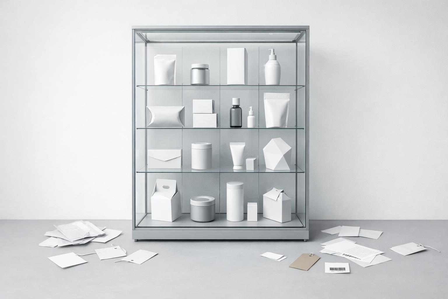 Zentrale Verpackungsübersicht mit geordneten Verpackungsmustern und verstreuten Verpackungsdaten außerhalb der Vitrine